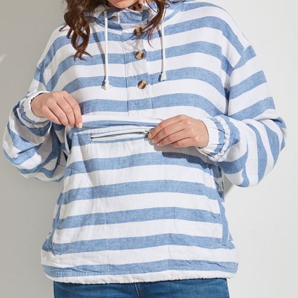 Striped Blue and White Women's Hoodie - Picture 3 of 16